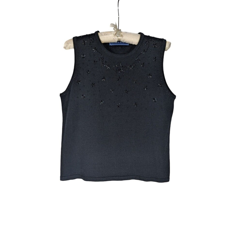 Karen Scott Blouse M Women's Black Beaded Wool Blend Sleeveless Knit